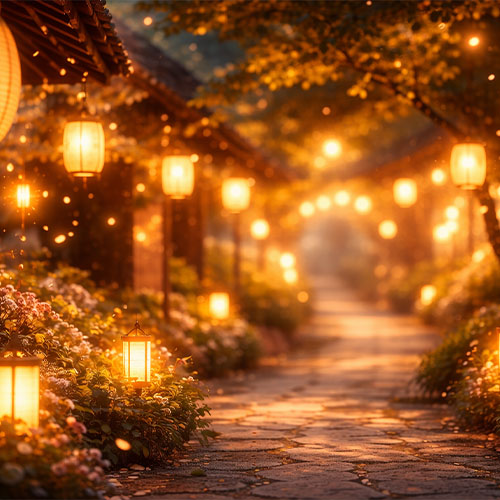 葬儀撮影サービス|燈が提案する和風の提灯が並ぶ夕刻の墓前参道を撮影するイメージ