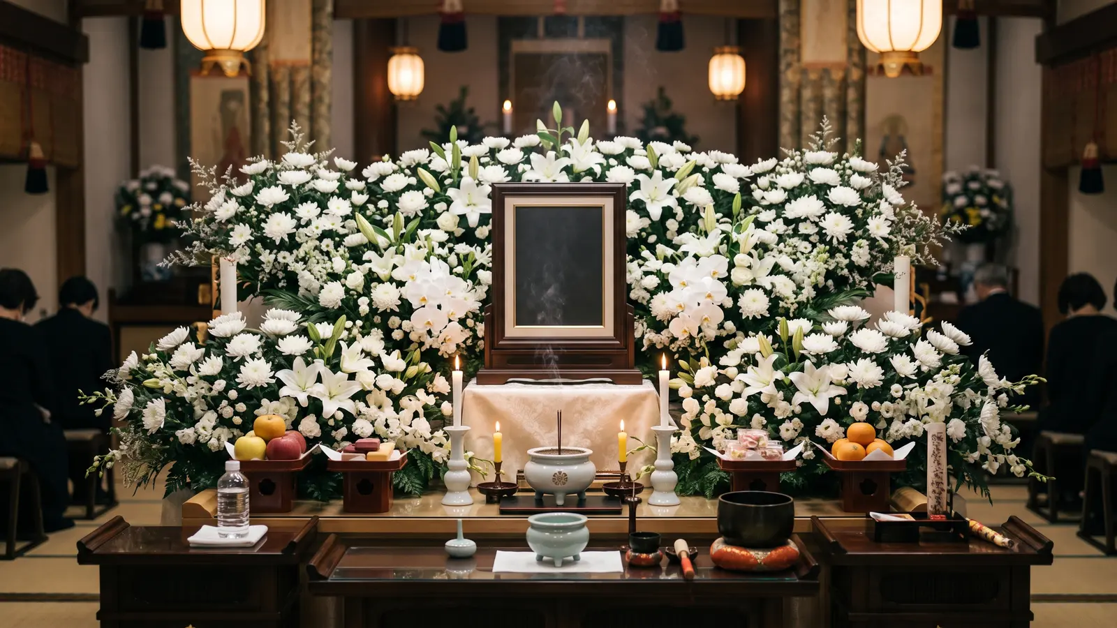 葬儀の祭壇と白菊